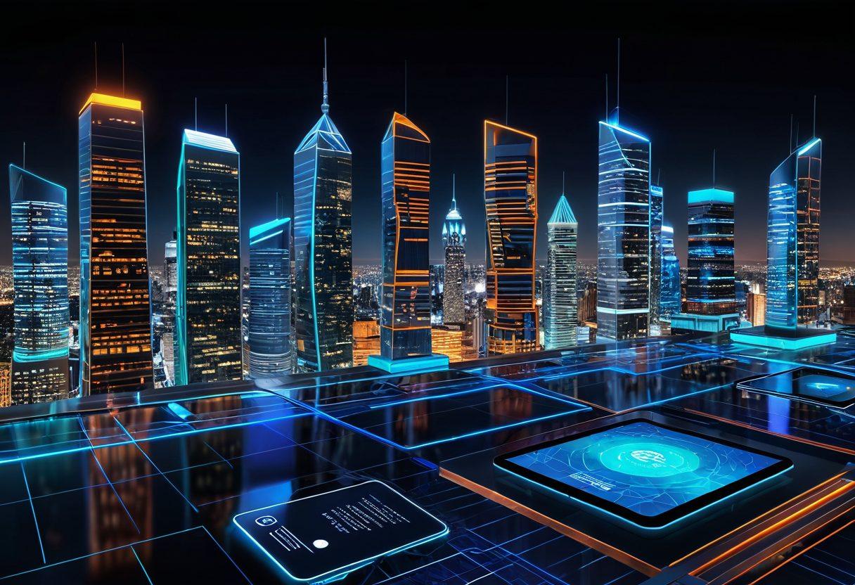 A beautifully designed digital interface showcasing various elements of governance and visual appeal, featuring vibrant graphs, user-friendly icons, and an enchanting color palette. Incorporate elements of technology, such as sleek devices and engaging multimedia displays, all integrated into a visually striking composition. The background should have a futuristic cityscape reflecting digital advancements. super-realistic. vibrant colors. 3D.